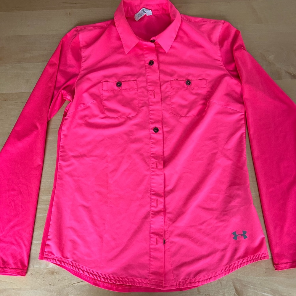 Under Armour button down LS sun block shirt.